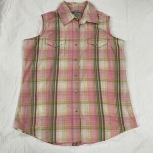 Wrancher by Wrangler Pink Plaid Sleeveless Western Pearl Snap Shirt Small